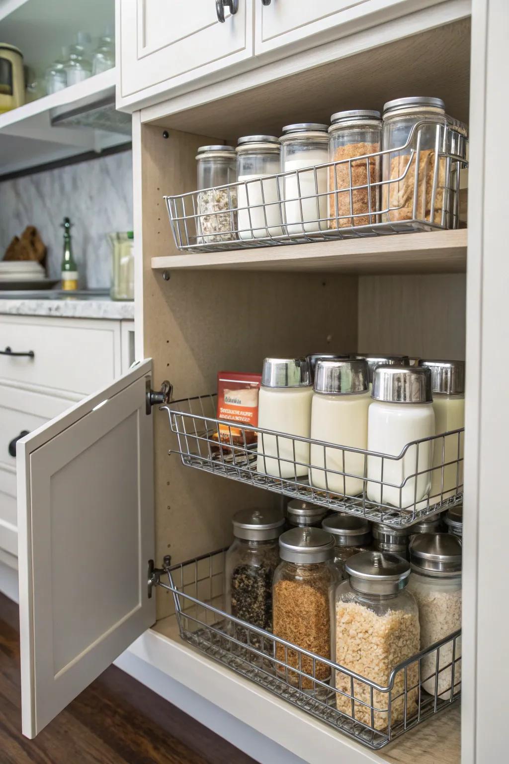 Wire baskets on open shelves keep protein mixers organized and easily accessible.