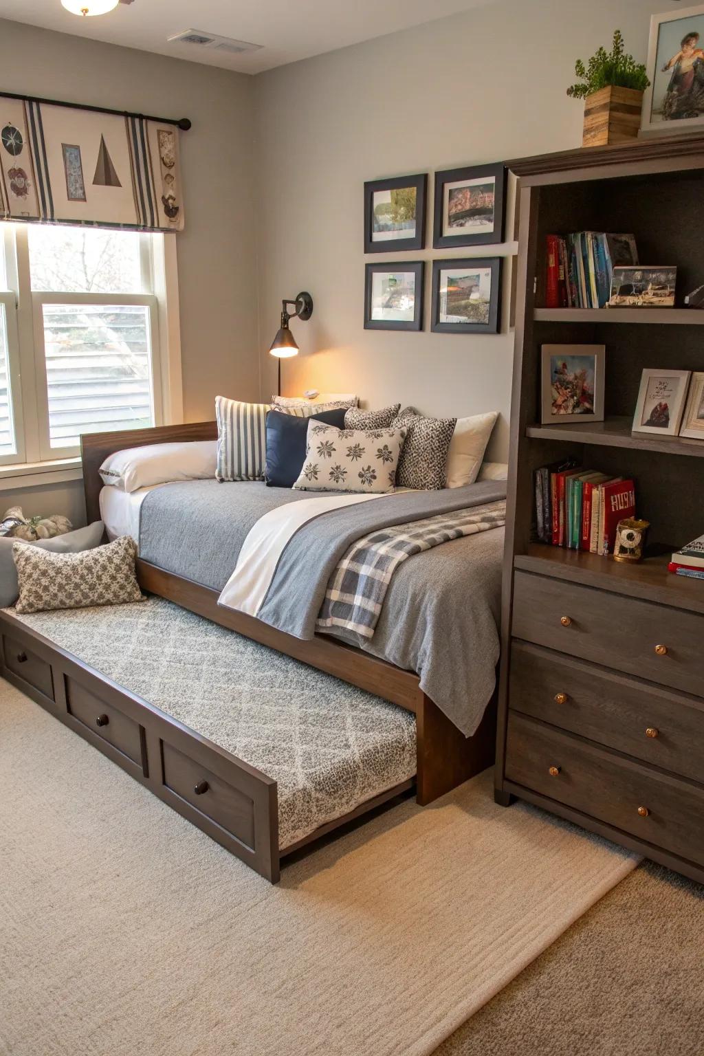 Multifunctional furniture adapts to changing needs in a shared room.