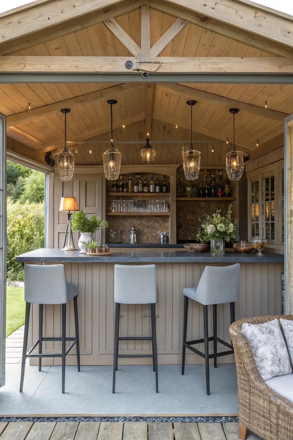 An entertaining bar space inside a shed home, ideal for hosting.