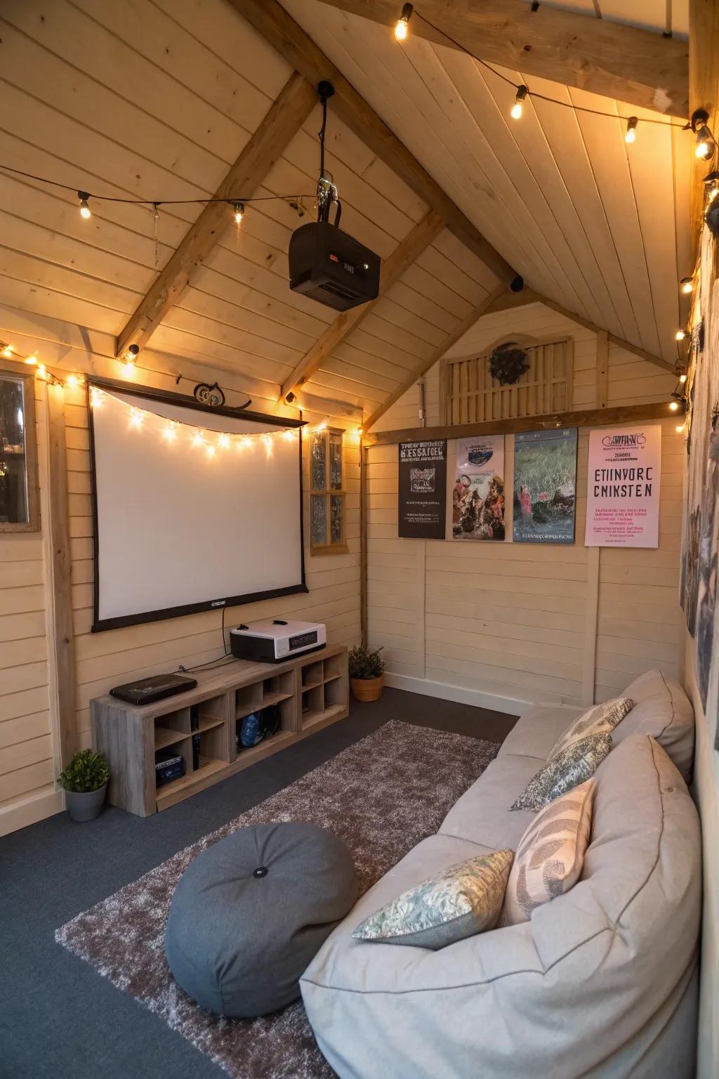 A shed converted to a cozy cinema for the movie fans.
