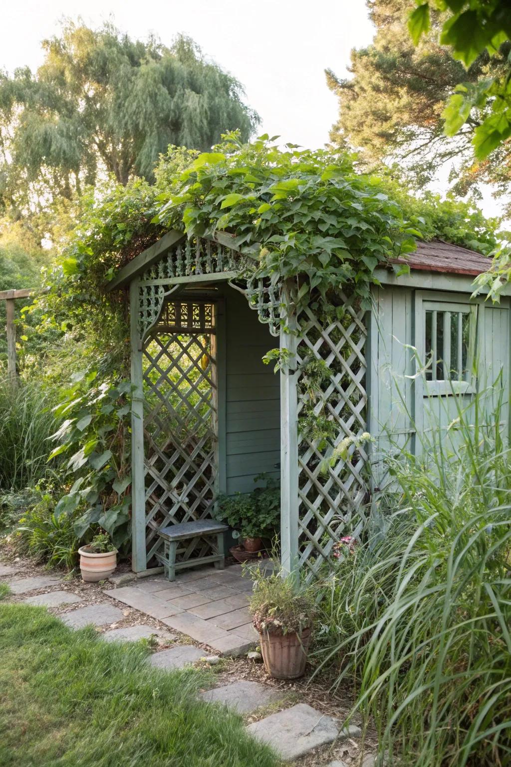 An outbuilding in a secluded angle offers a private garden escape.