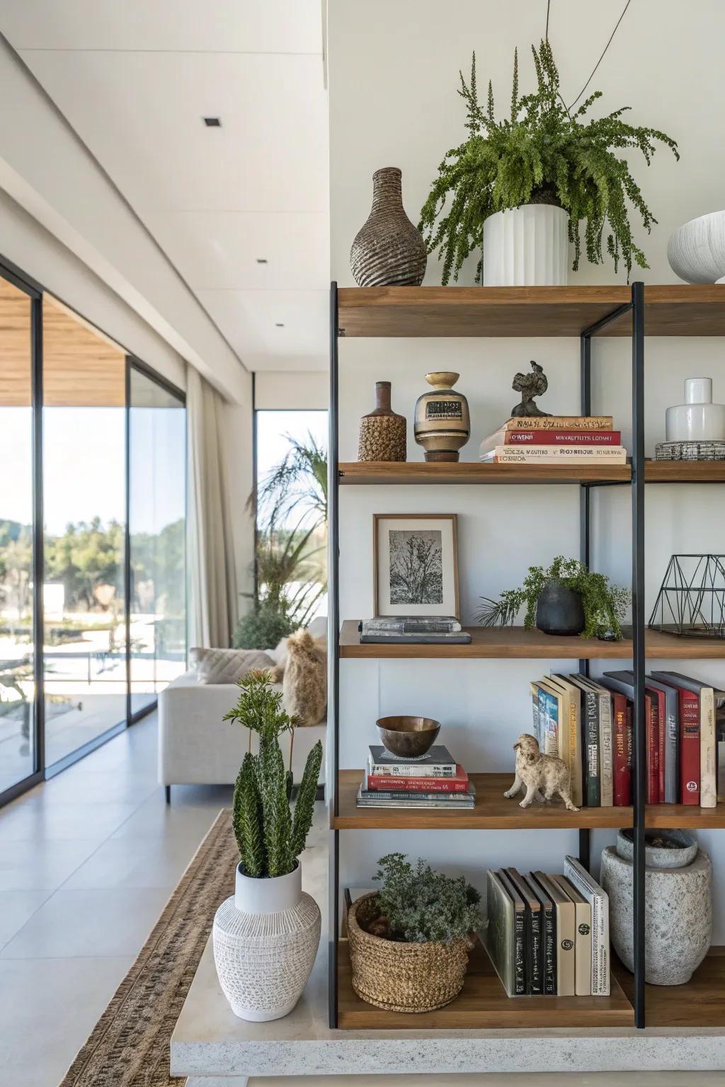 An asymmetrical shelf layout presents a bold design statement.