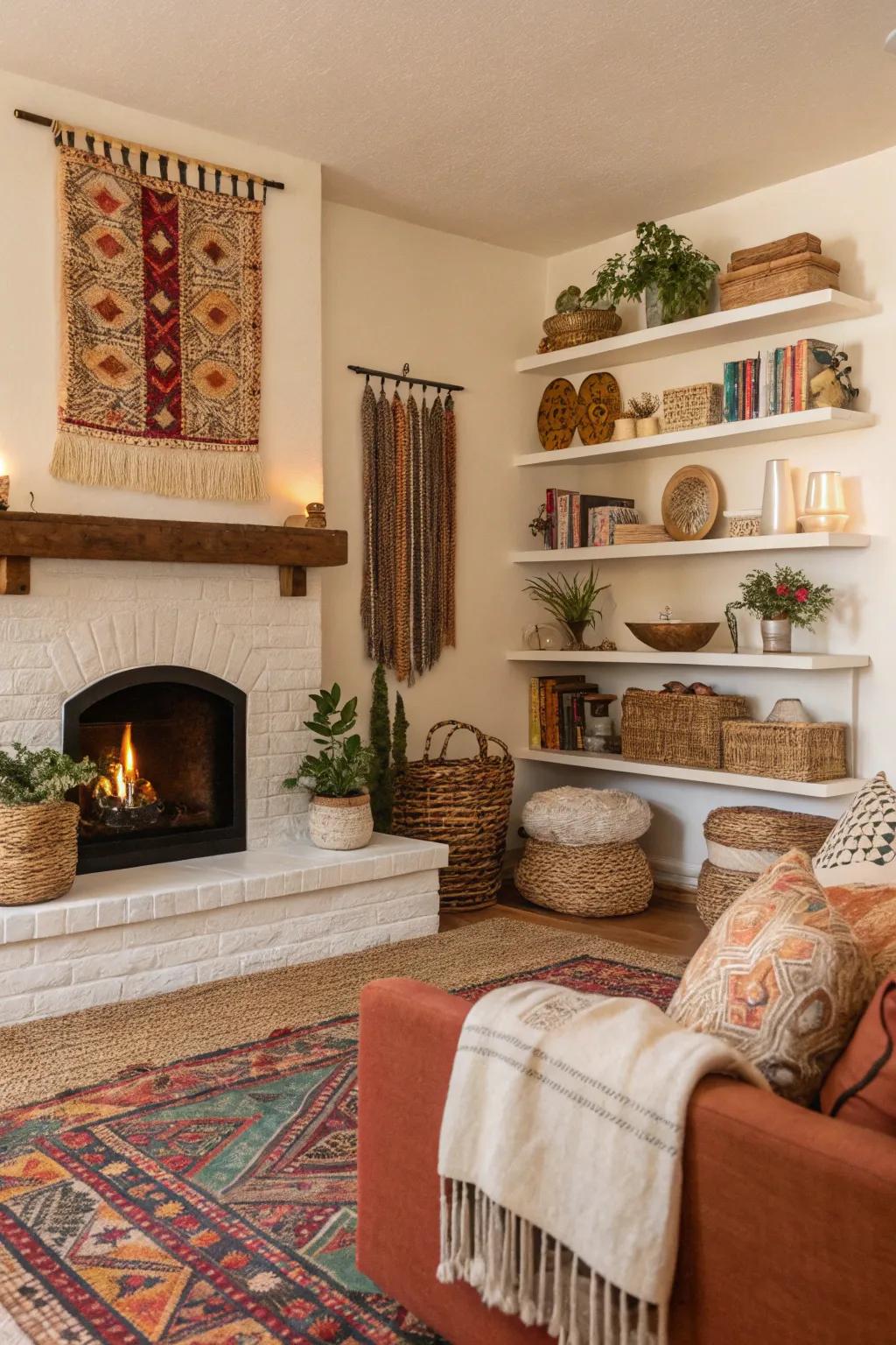 Bohemian decor infuses vibrant energy into the living space.