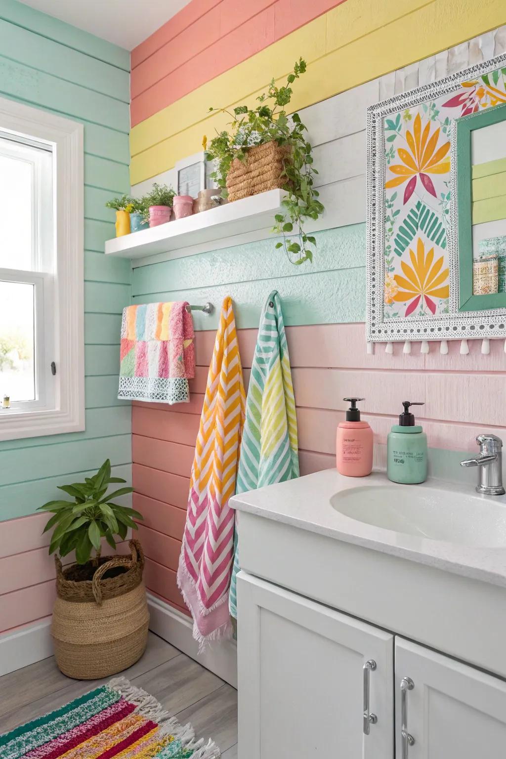 A bathroom showcasing a colorful wall plank feature wall for vibrancy.