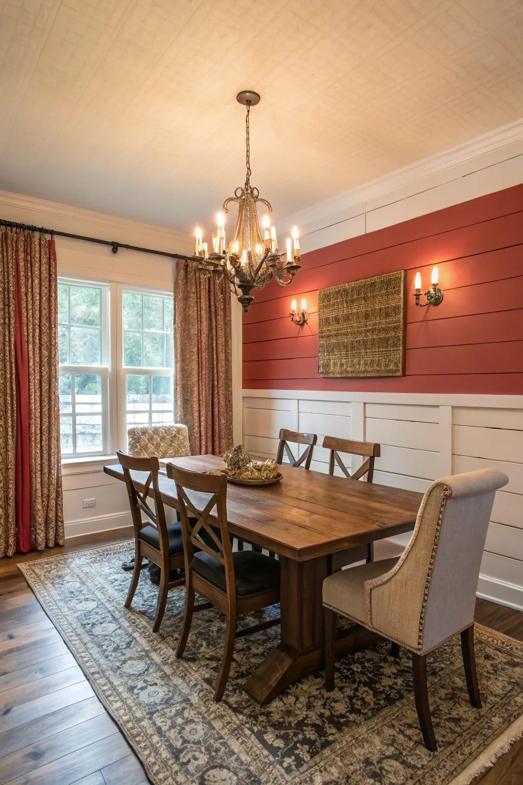 A dining room with an unexpected color burst and shiplap walls.