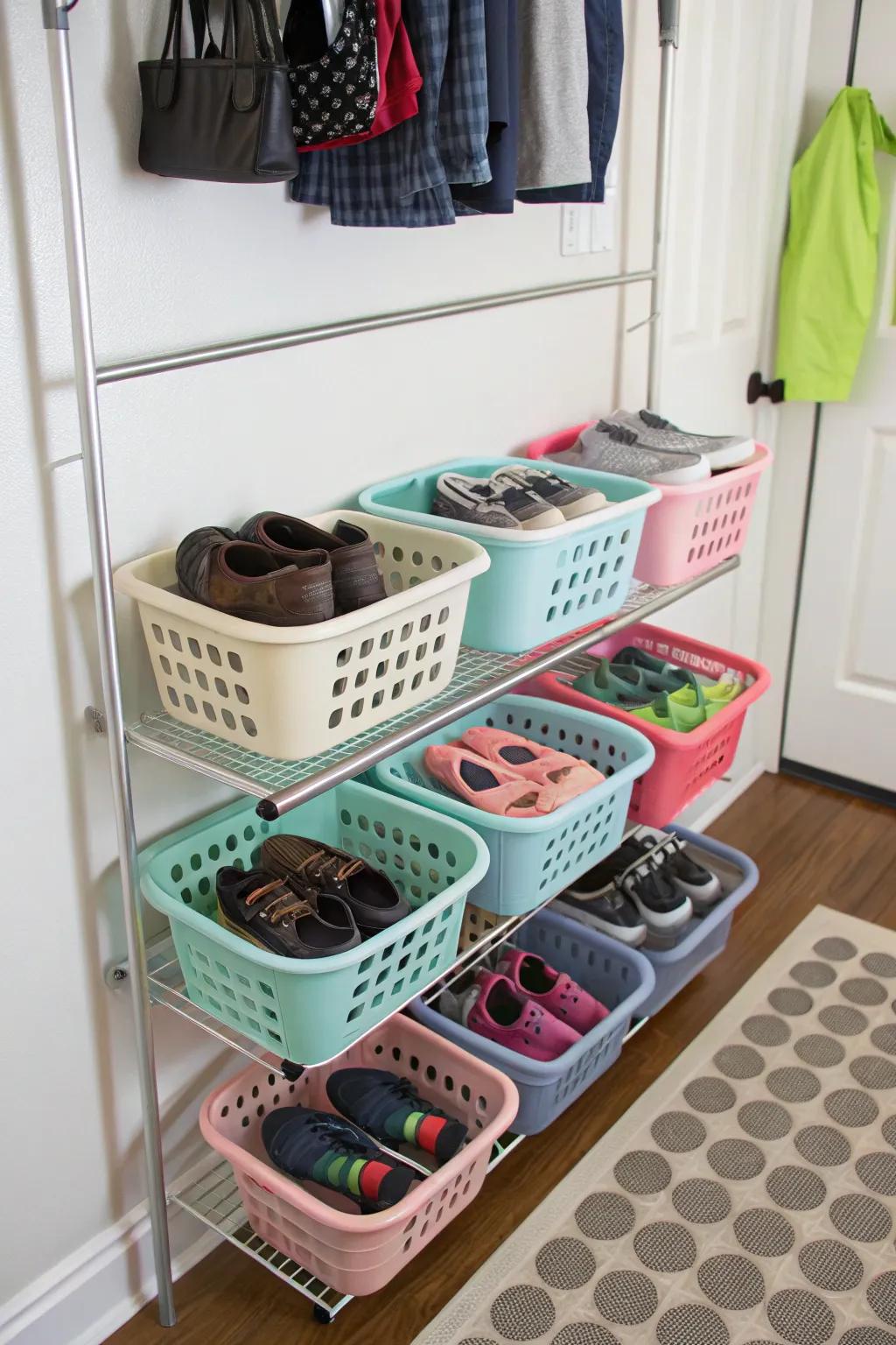 Hanging basket racks present an innovative solution for conserving floor space.