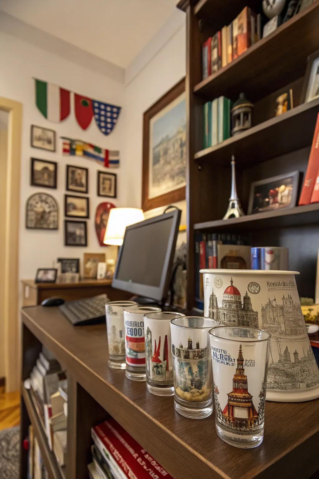 A personal study features a journey-themed glass display with souvenirs gathered worldwide.
