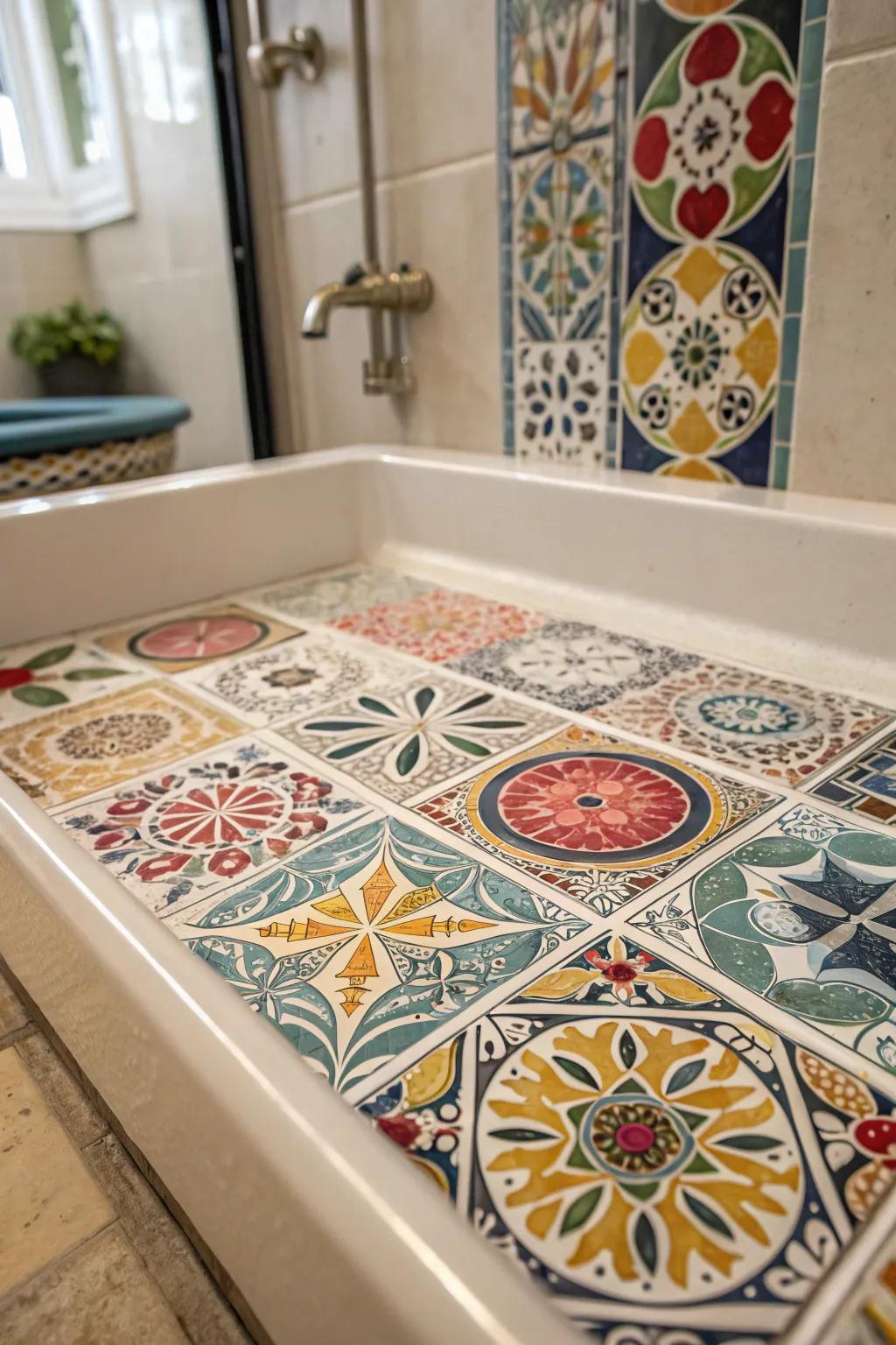 Intricate tile pictures in various colors and shapes create a stunning feature on this shower base.