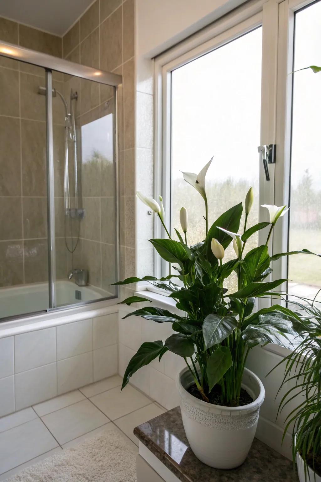 Peace lilies contribute sophistication and purification within your washroom.