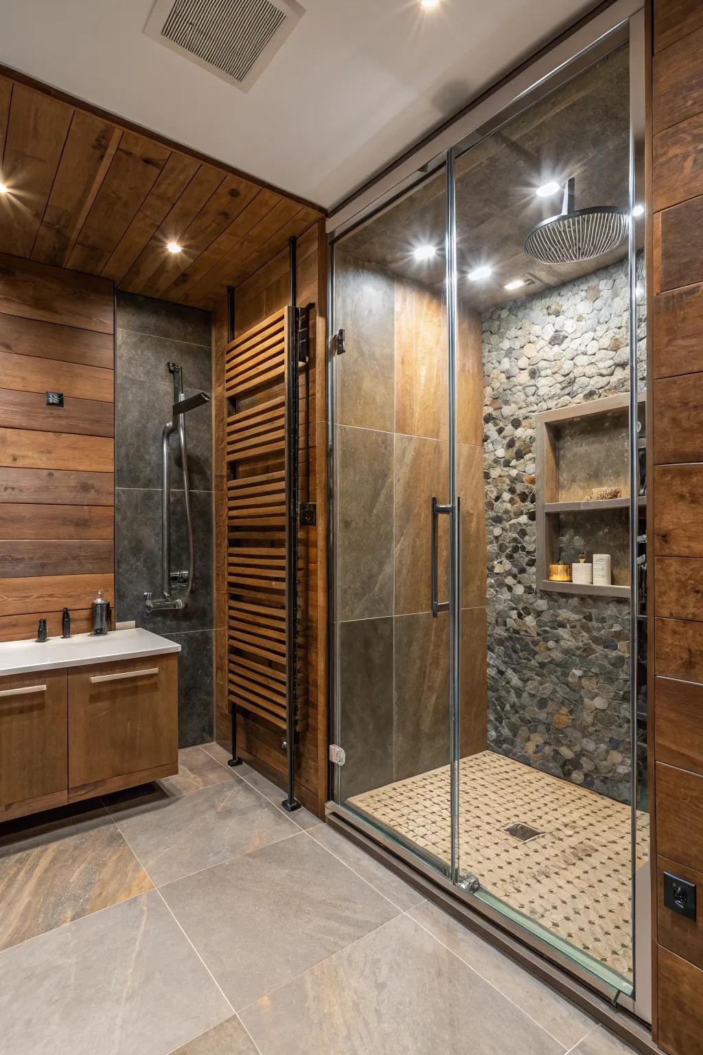 A shower space with a rich texture from a mix of materials.