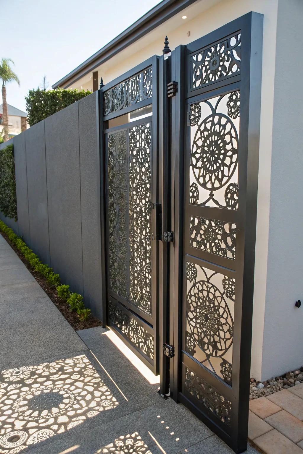 An etched alloy entrance demonstrating intricate artistry.