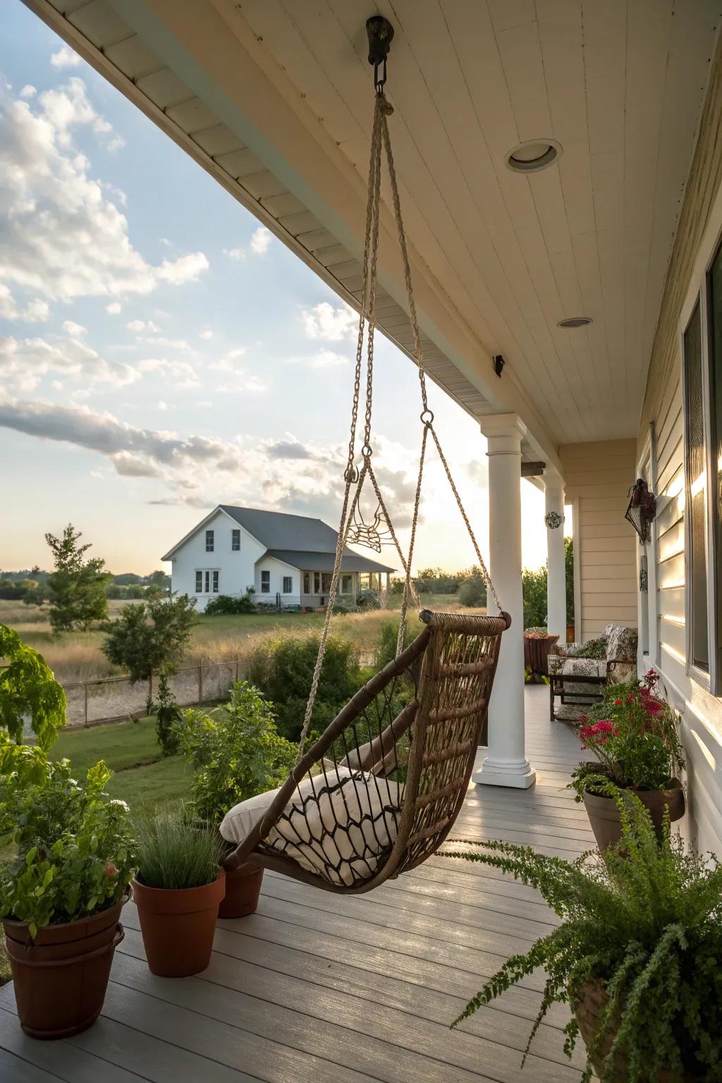 A whimsical hanging chair invites relaxation on the side porch.