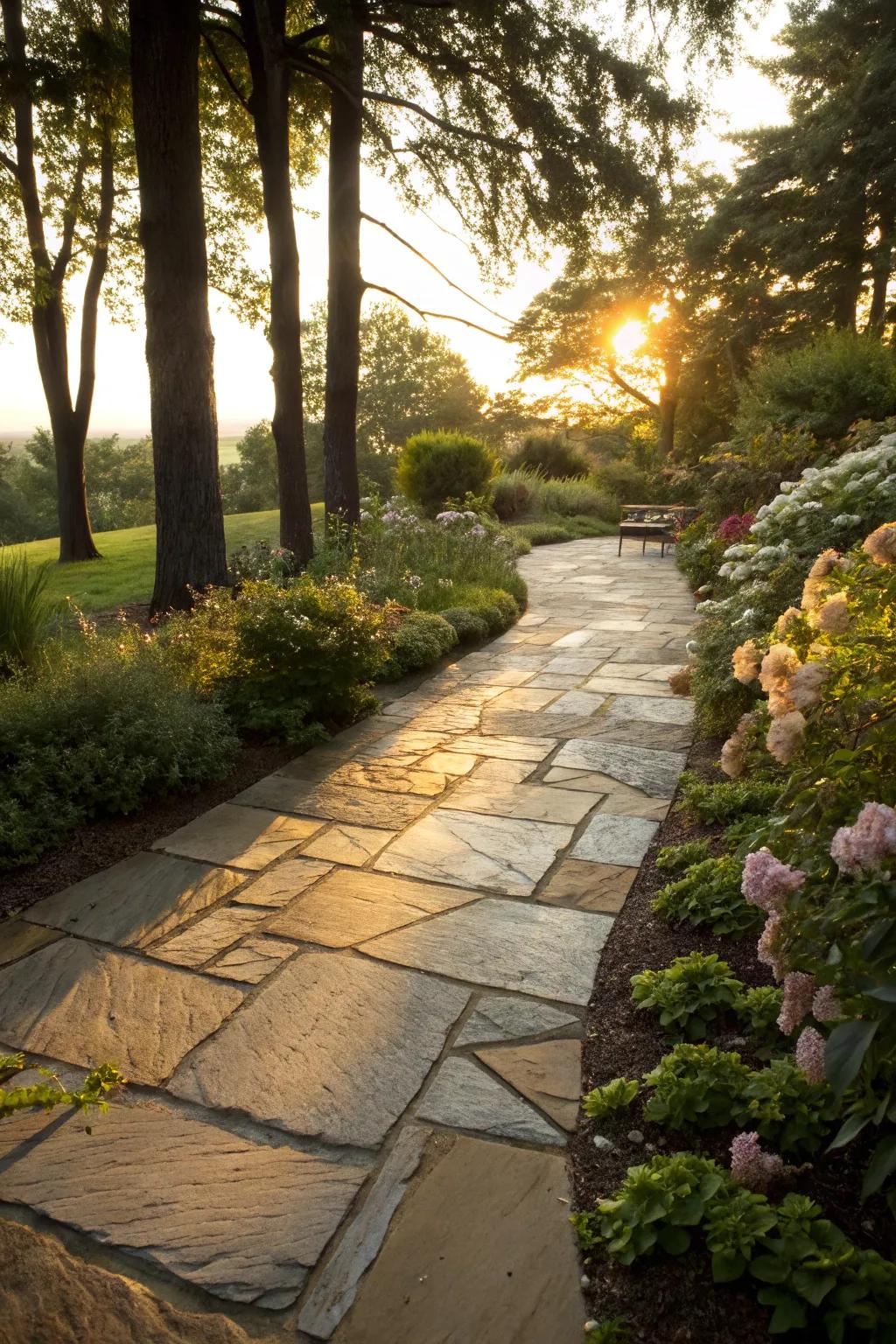 Sparkling stone pavers bring a sophisticated glow to sidewalks.