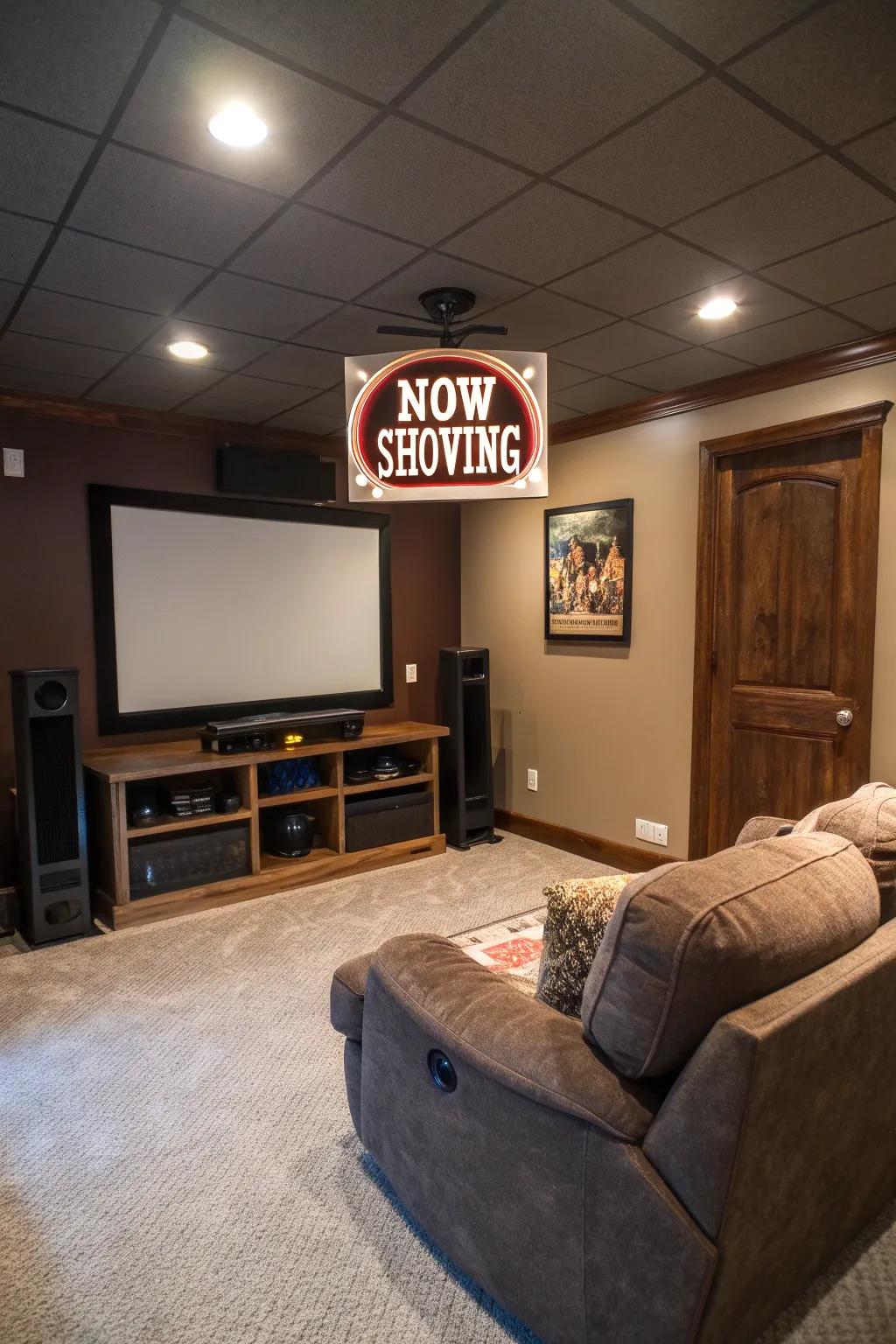 A family home movie theater with a classic movie theater display stating 'Now Showing'.