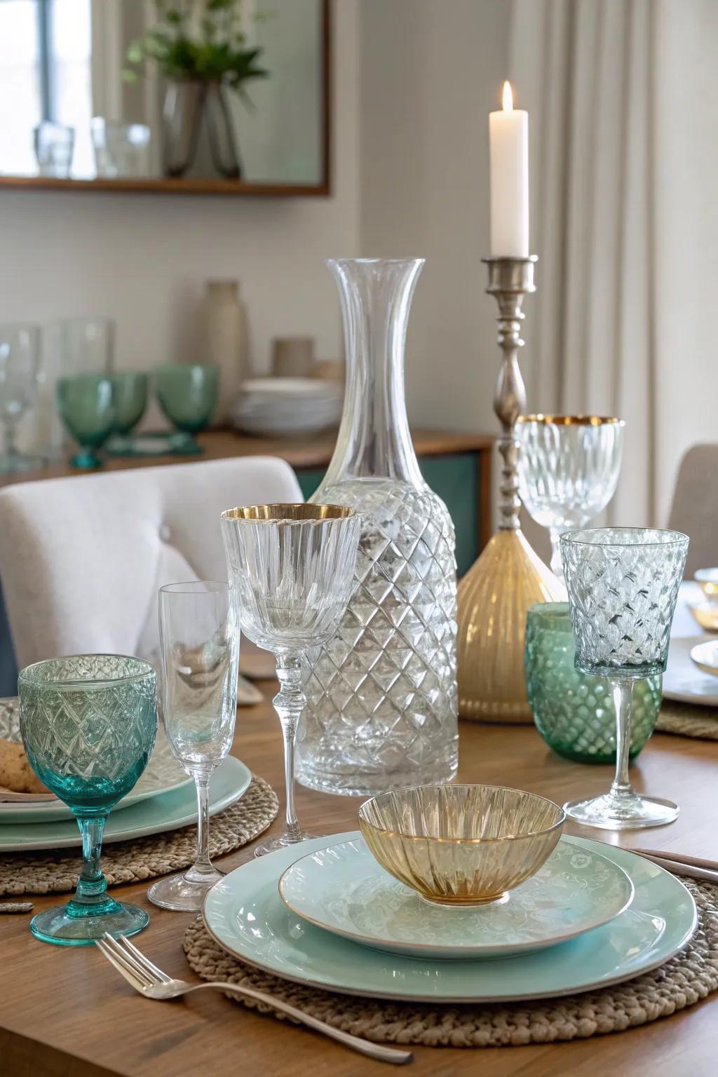 Distinctive drinkware composes a polished centerpiece.