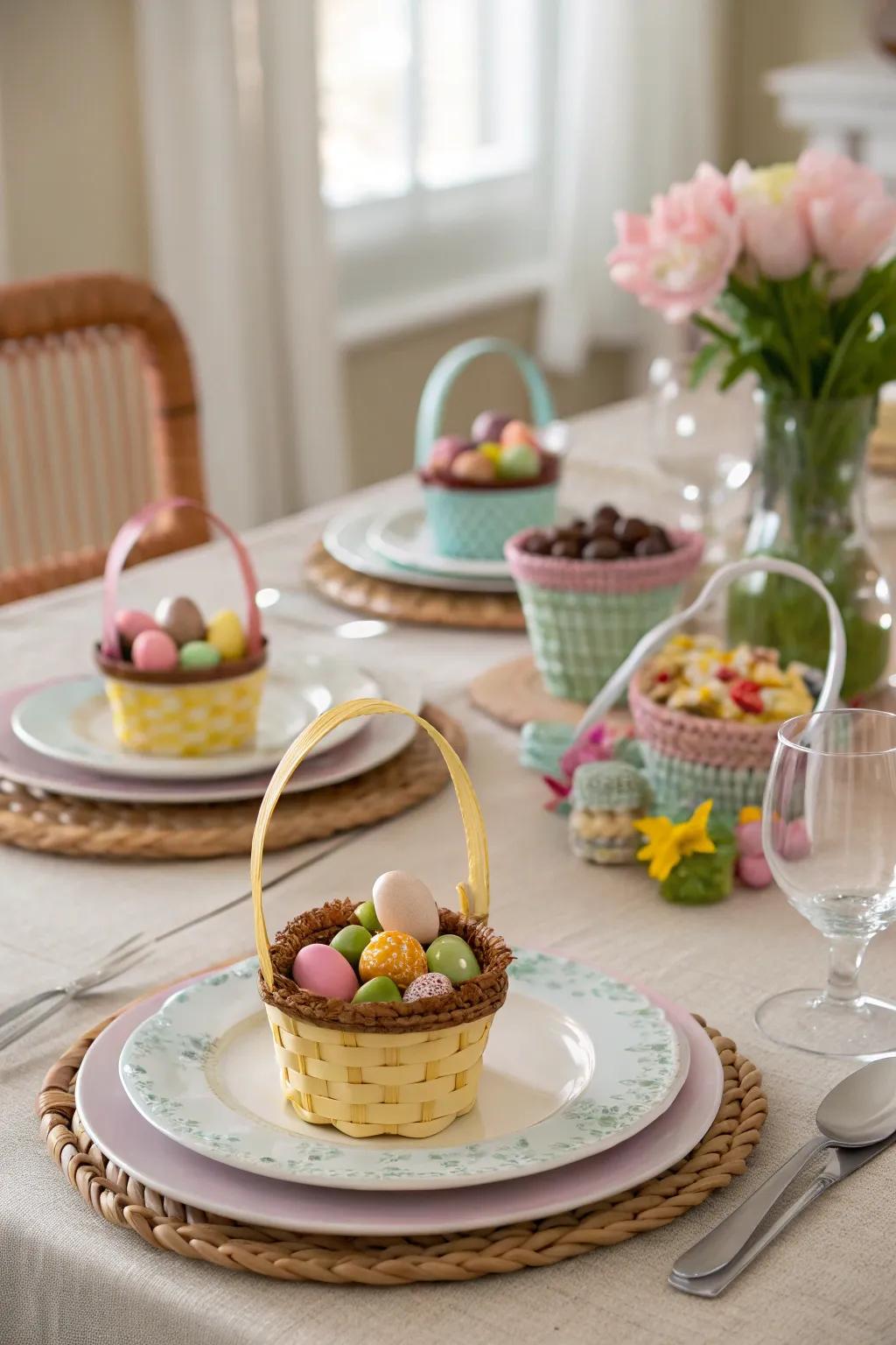Scaled baskets with snacks add an element of surprise.