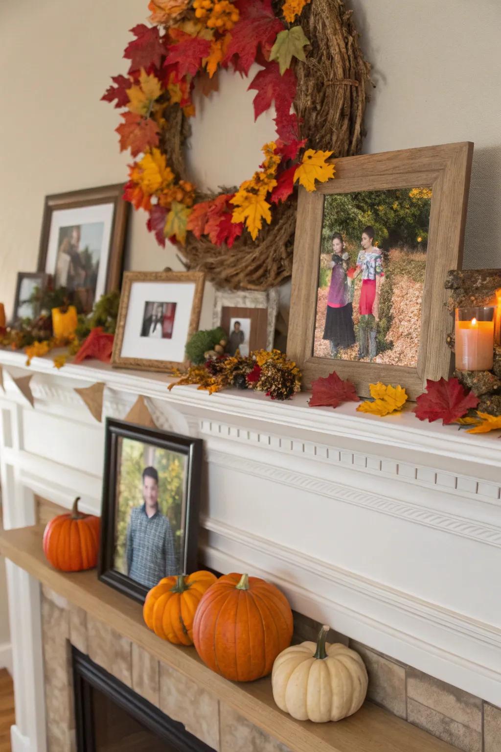 Personal touches with family portraits and crafts on the mantel.