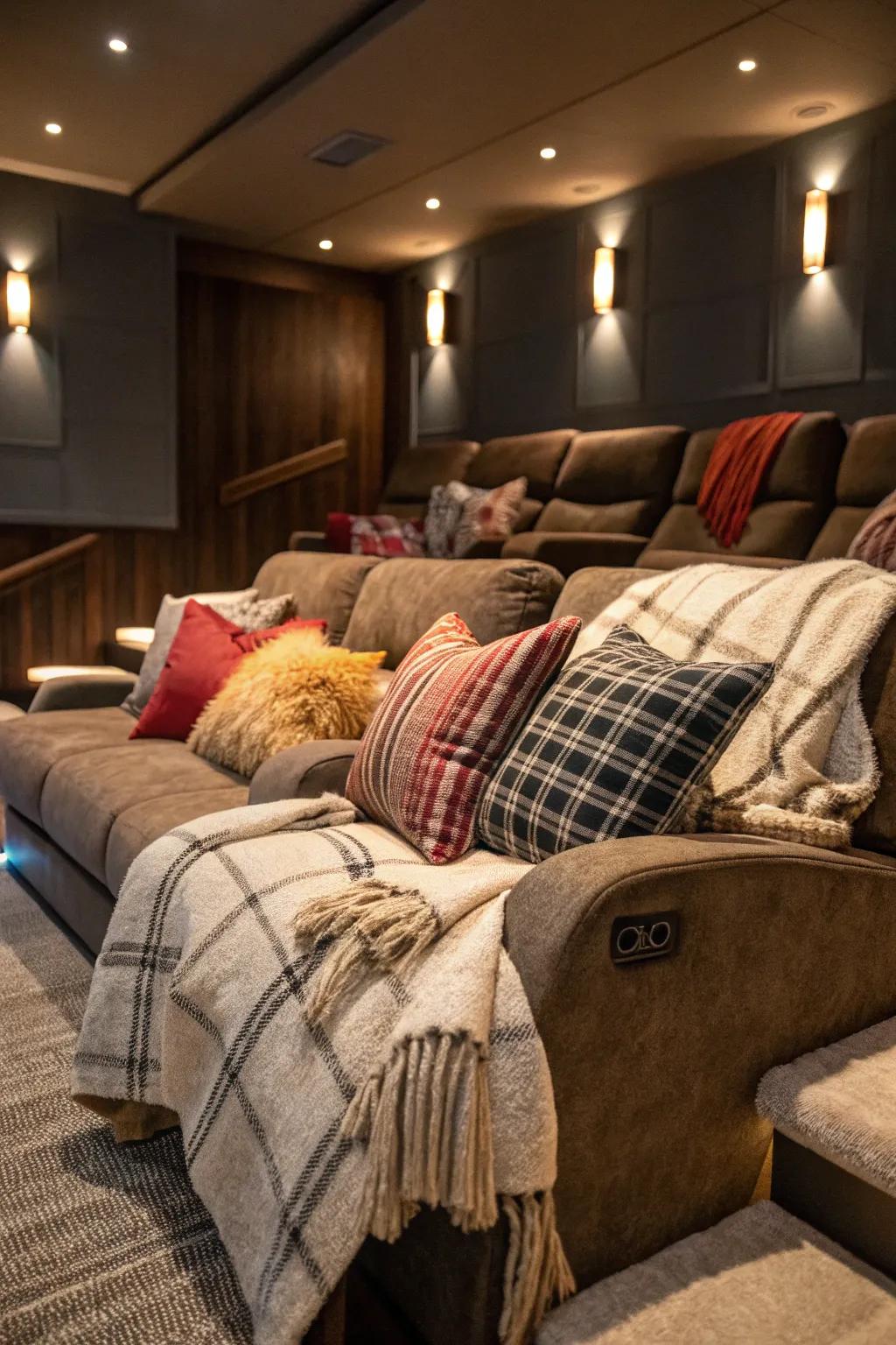 Blankets and pillows making a cozy home theater setting.