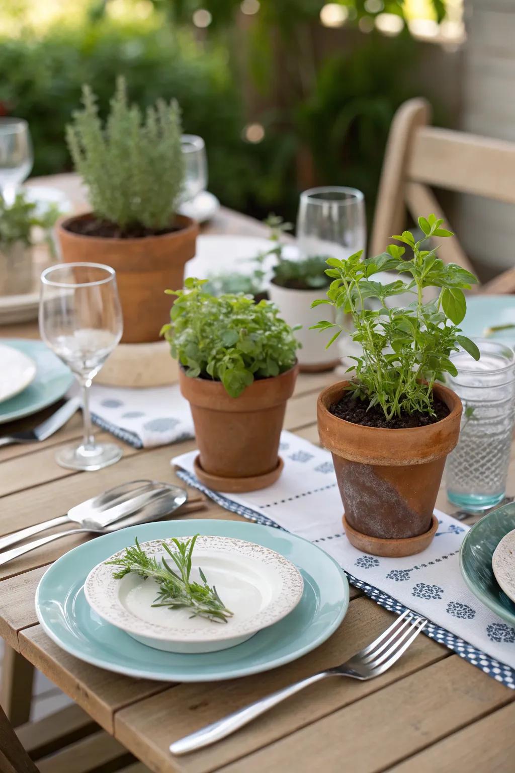 Small potted plants add an unexpected twist to the table d&eacute;cor.