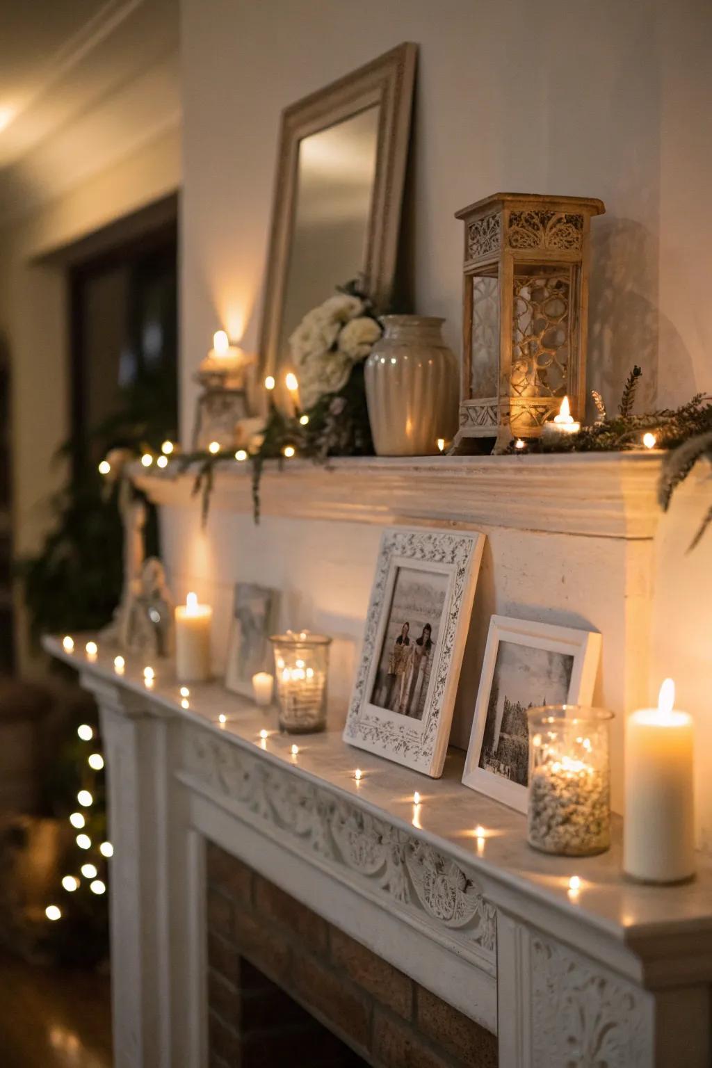 Illumination bestows an enchanting radiance to this standard mantel.
