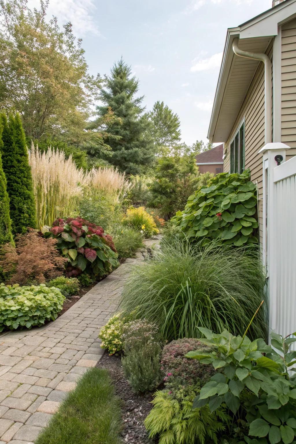 Tiered planting adds depth and interest to narrow side yards.