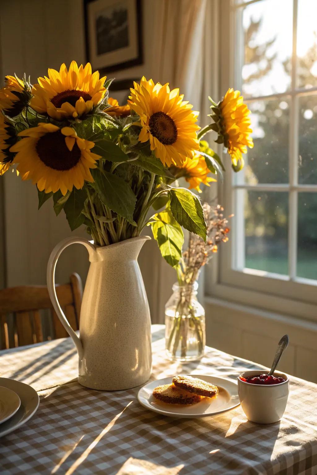 A ceramic pitcher brings a casual charm to sunflower arrangements.