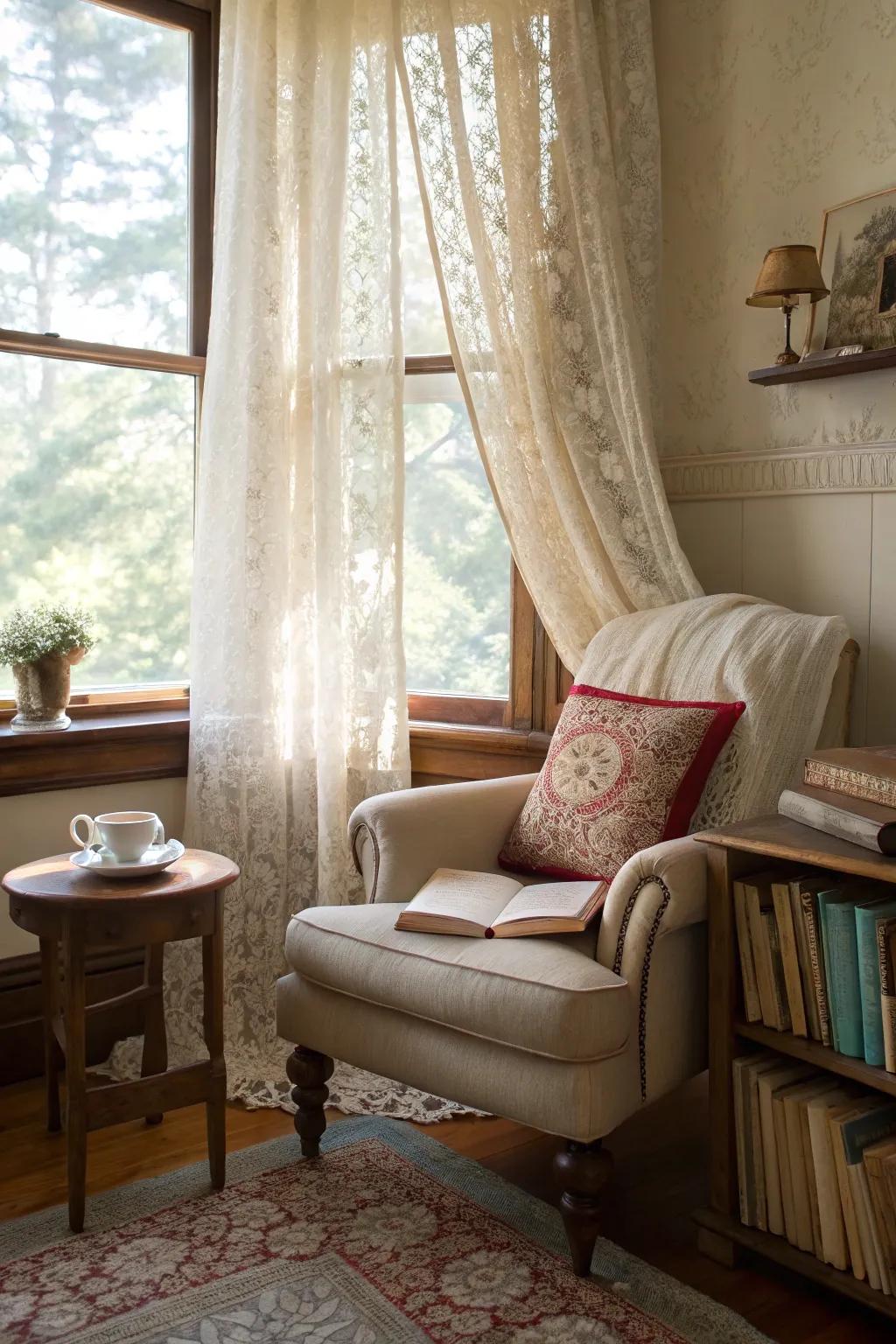 Vintage lace drapes add a touch of charm to this cozy reading nook.