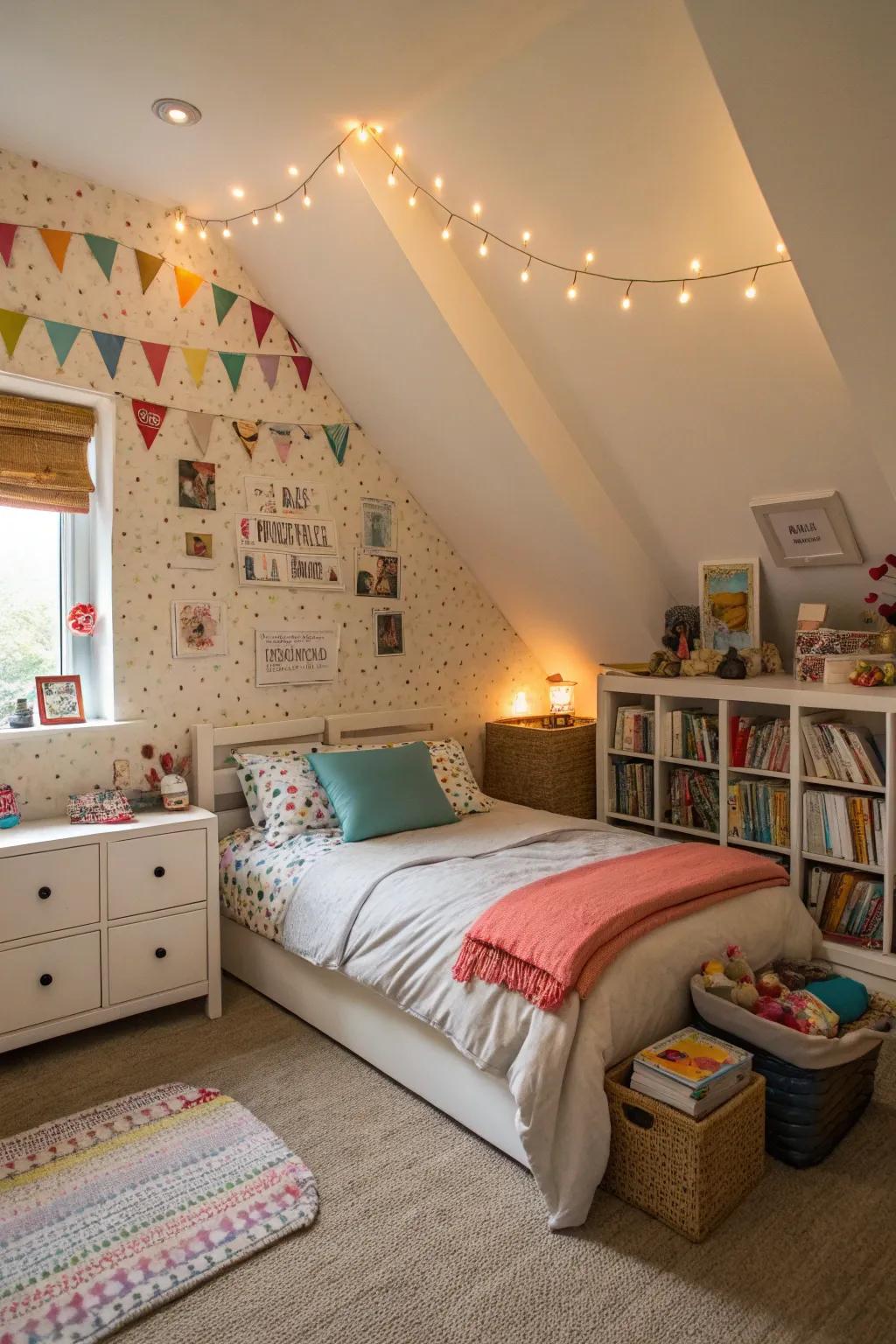 Wall stickers add a personal touch to this attic bedroom.