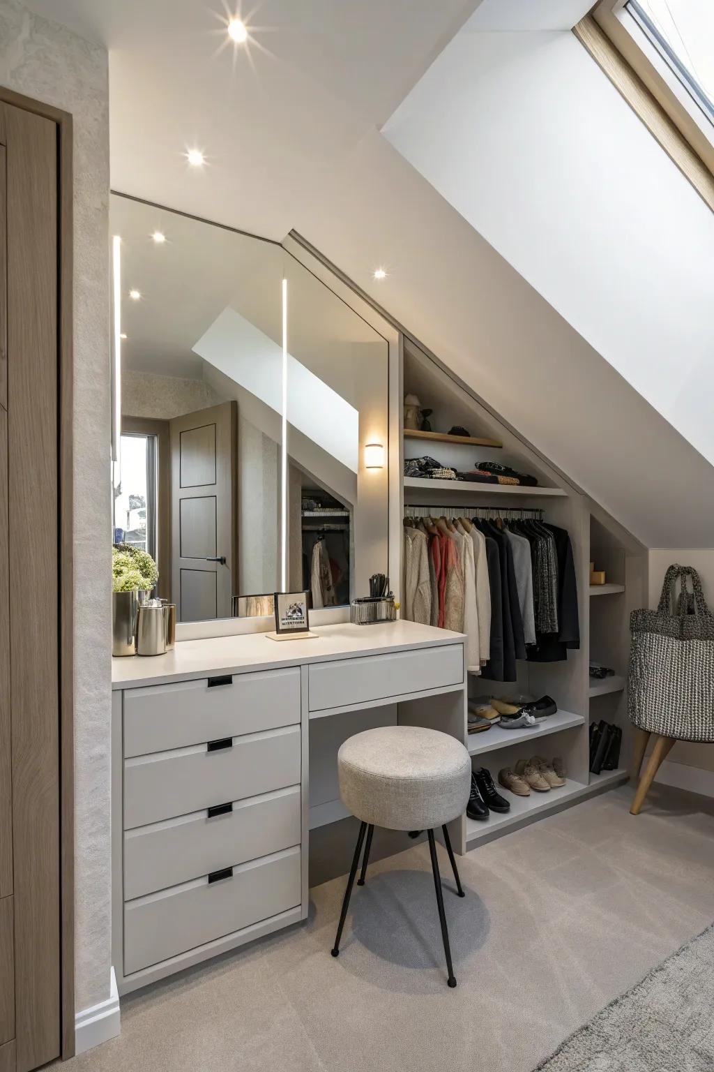 A wall-mounted vanity adds functionality while saving space.