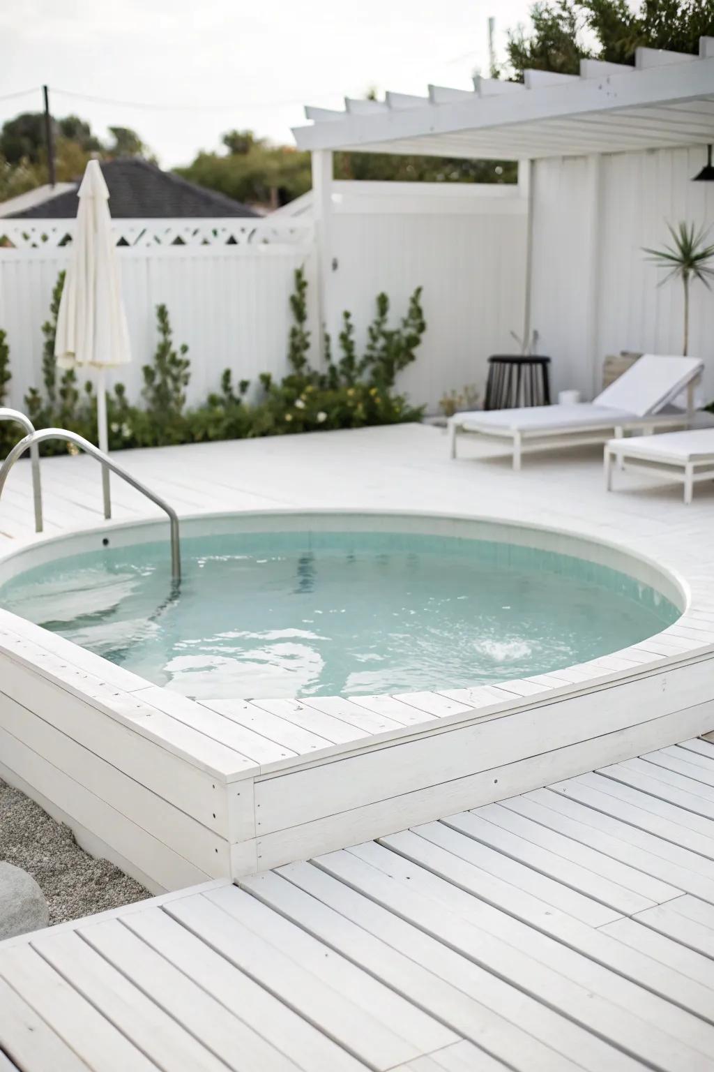 A monochromatic above-ground pool zone, perfect for a chic getaway.