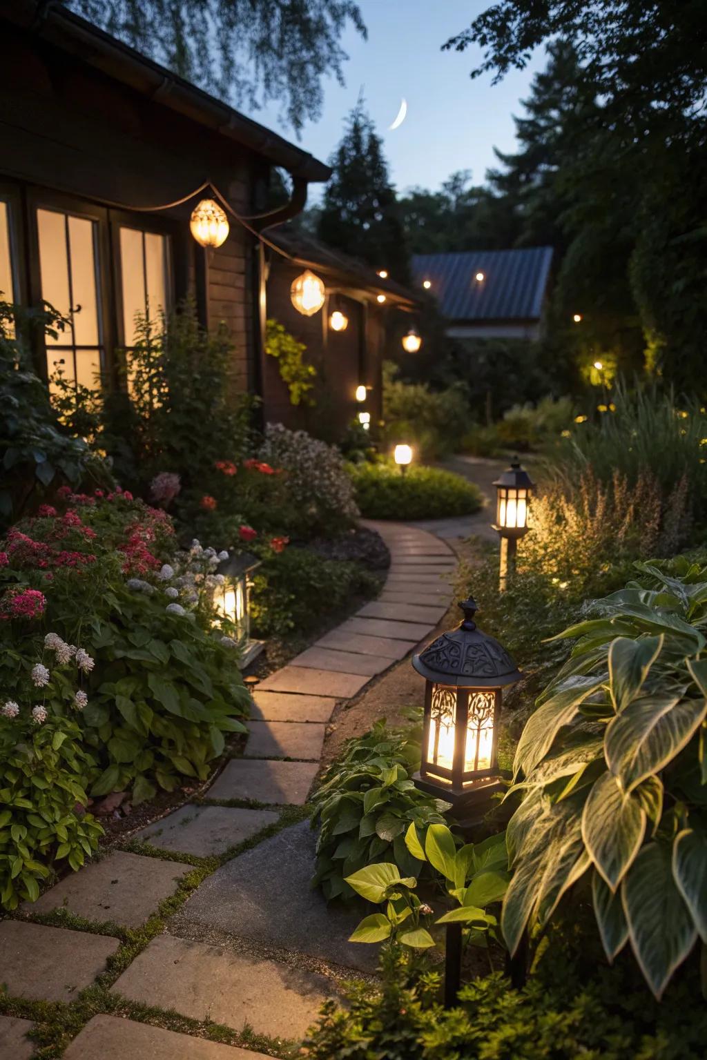 Garden lighting turns the area into a cozy evening escape.