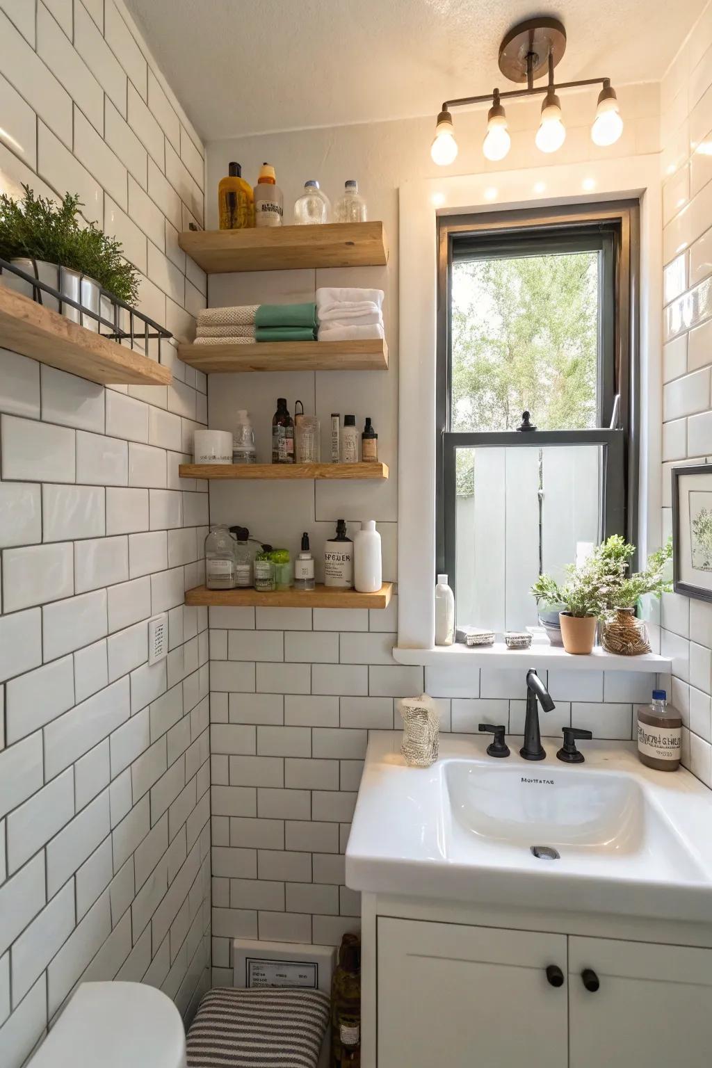 Floating shelves offer stylish storage in a small bathroom.