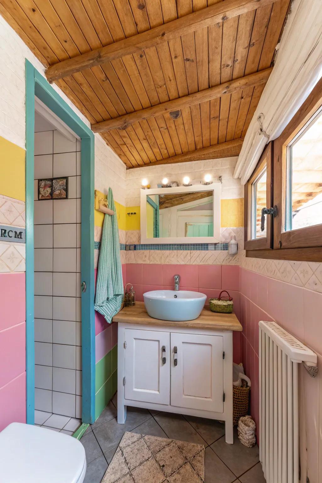 Painted accents give the timber ceiling a playful element.