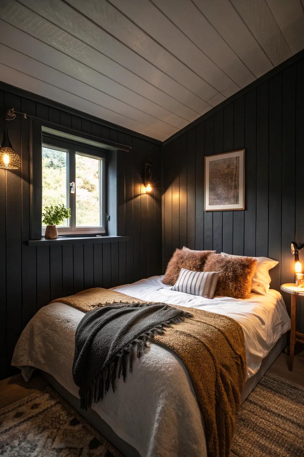 A small bedroom with dark colors for a cocooning, cozy feel.