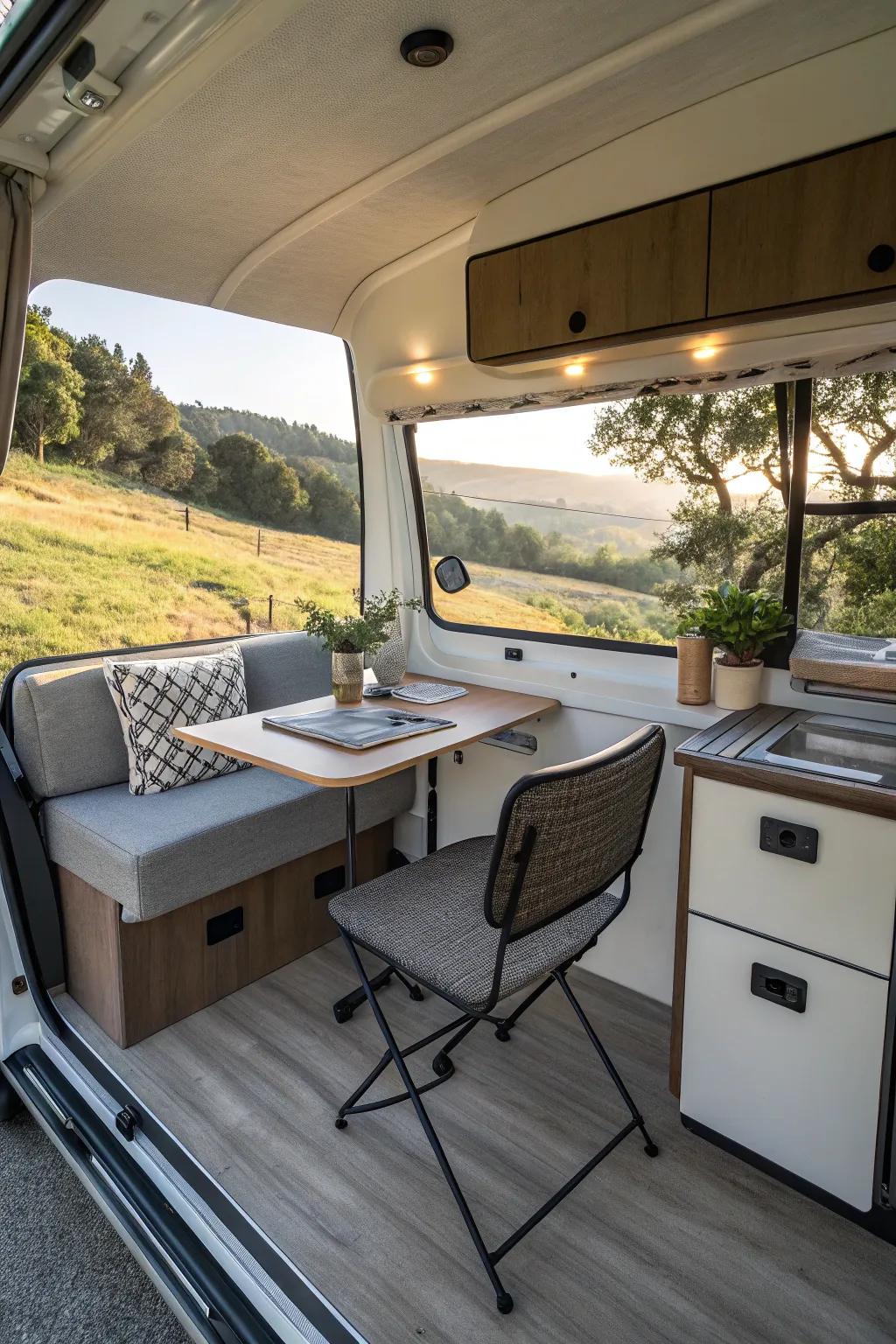 A drop-down desk in a camper offers a practical workspace solution.