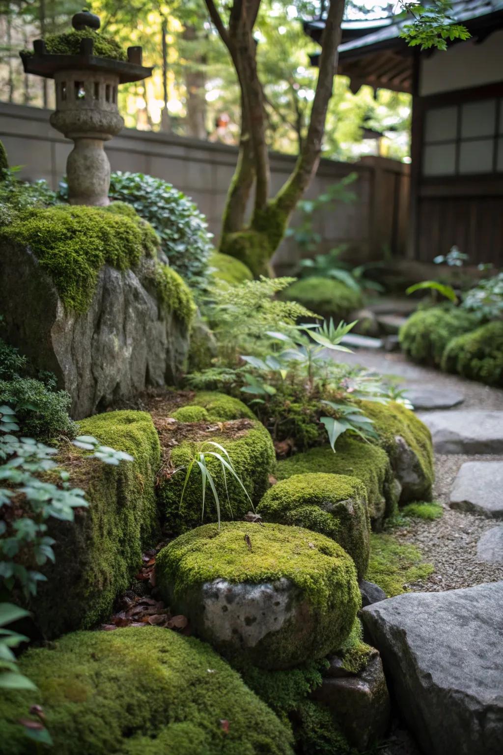 This garden is given a magical touch by foliage-covered stones.