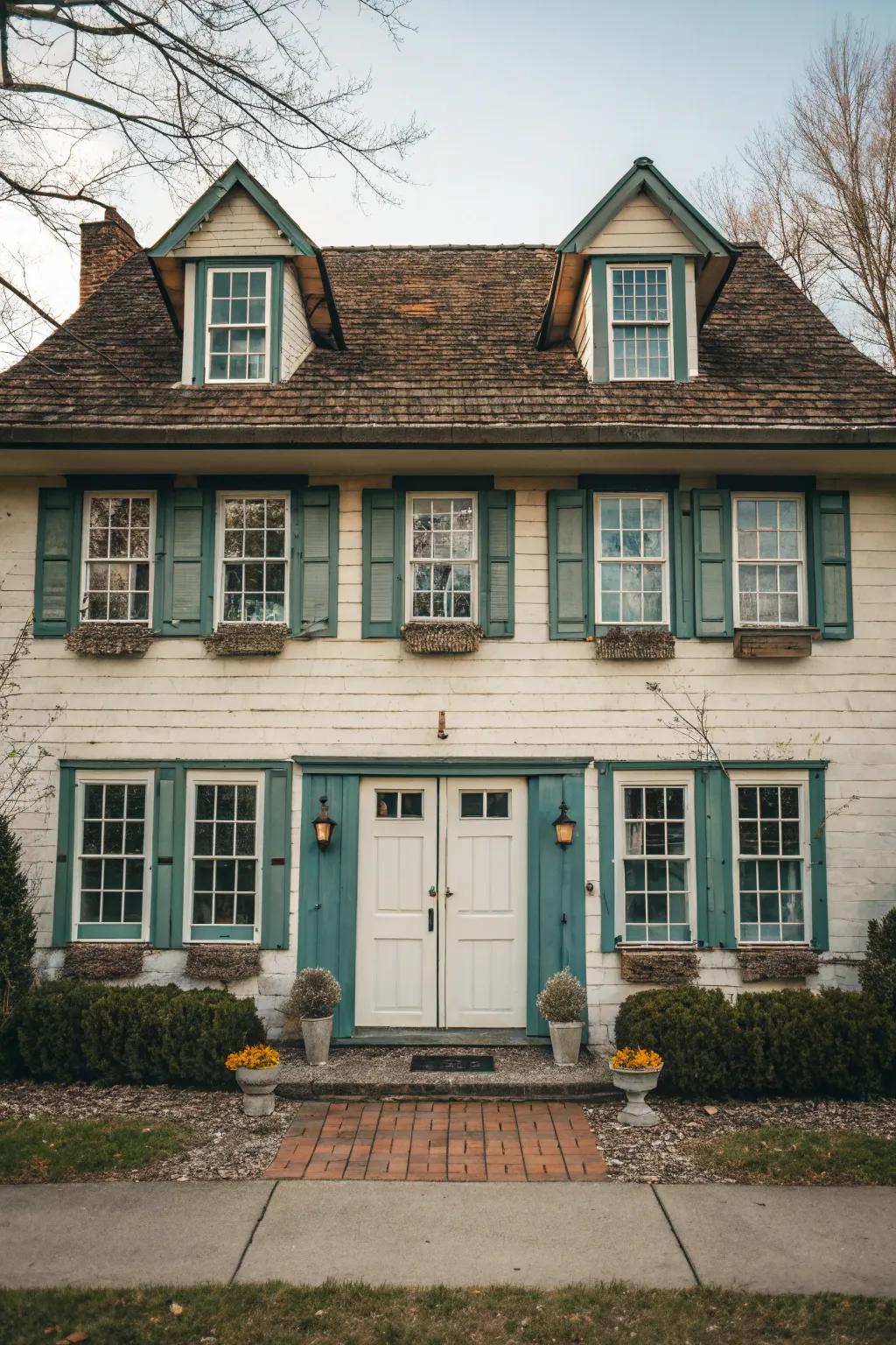 A harmoniously planned symmetrical cottage frontage.