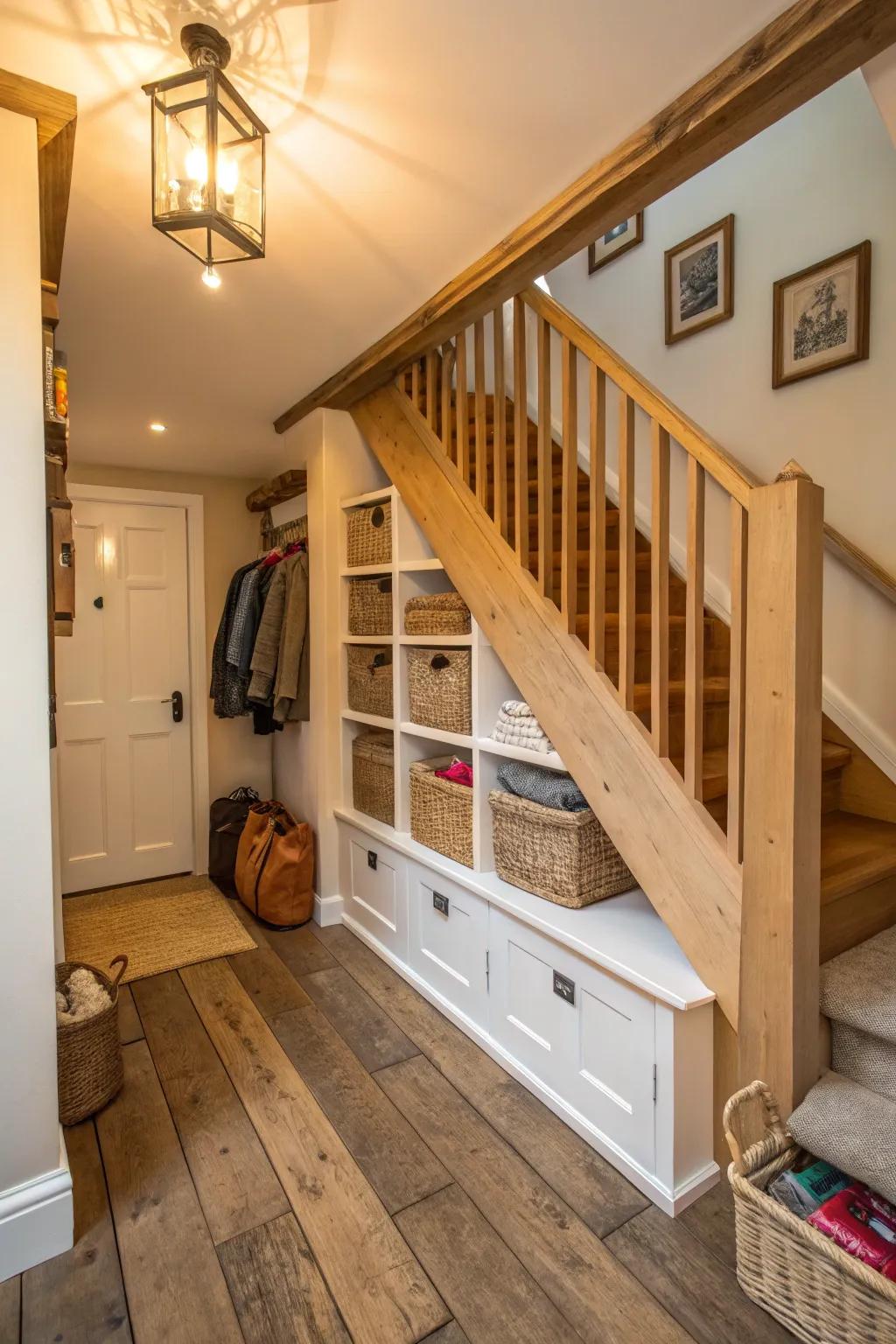 The storage underneath the staircase is optimized within this comfortable passageway.