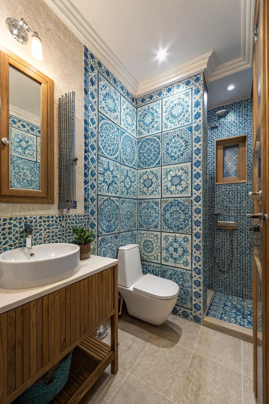 Blue mosaic coverings bring artistic flair and texture to the bathroom.