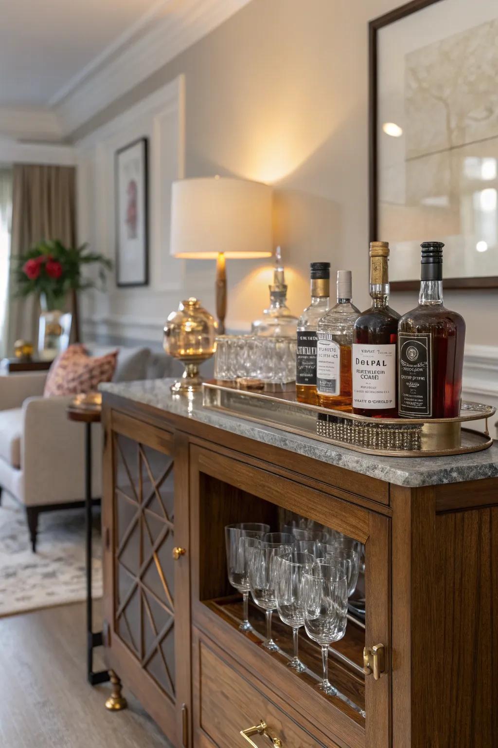 A sideboard transformed into a stylish dry bar.