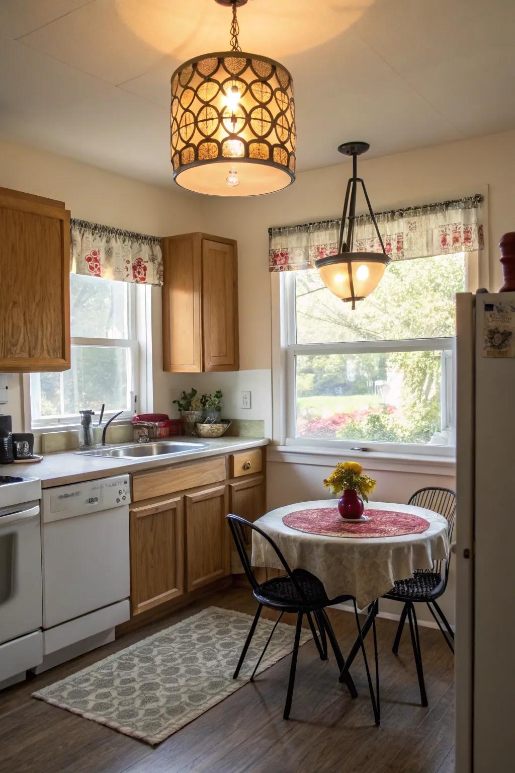 Statement lighting adds drama and focus.
