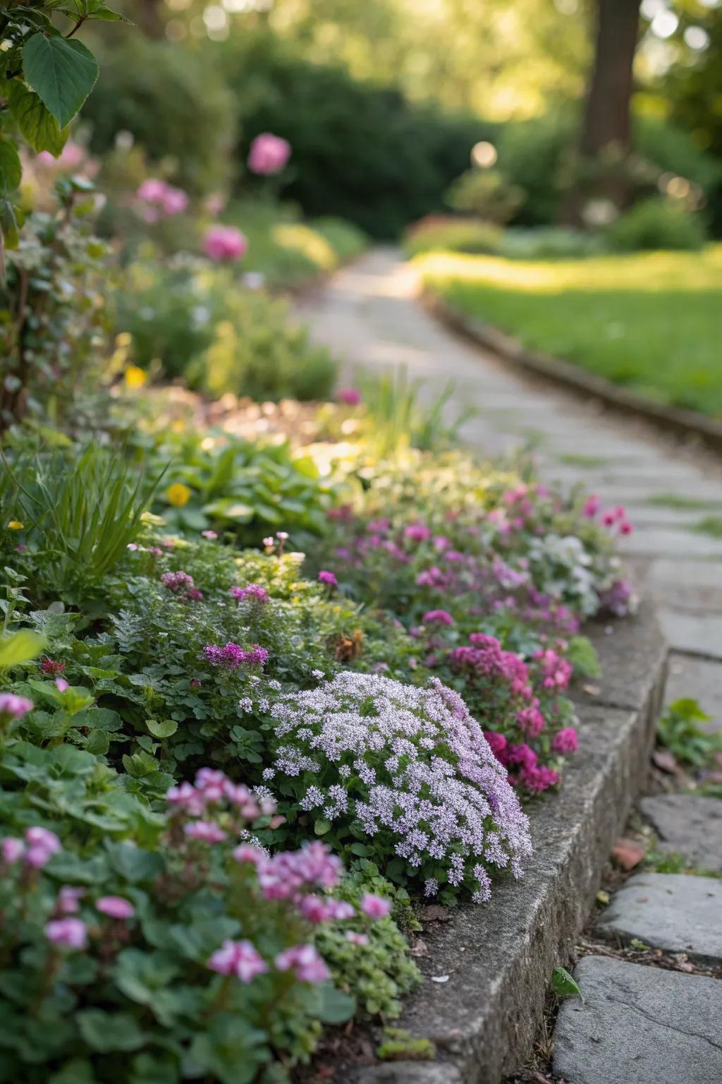A picturesque compact flower garden featuring rich, green groundcovers.