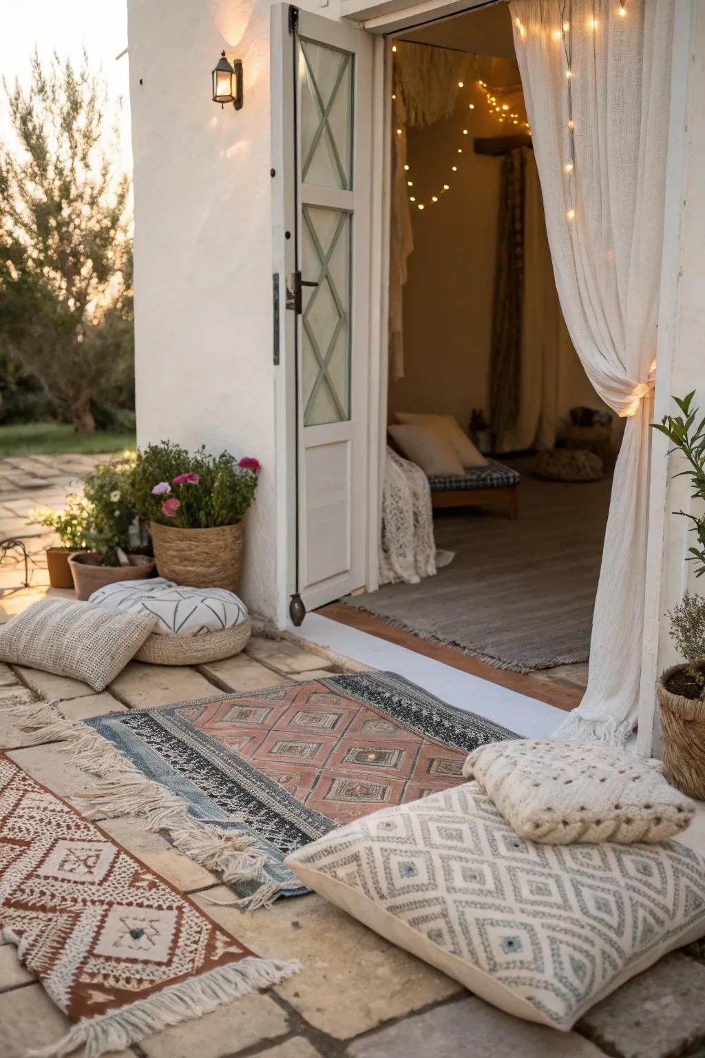 Textile accents add warmth and comfort to the entrance.