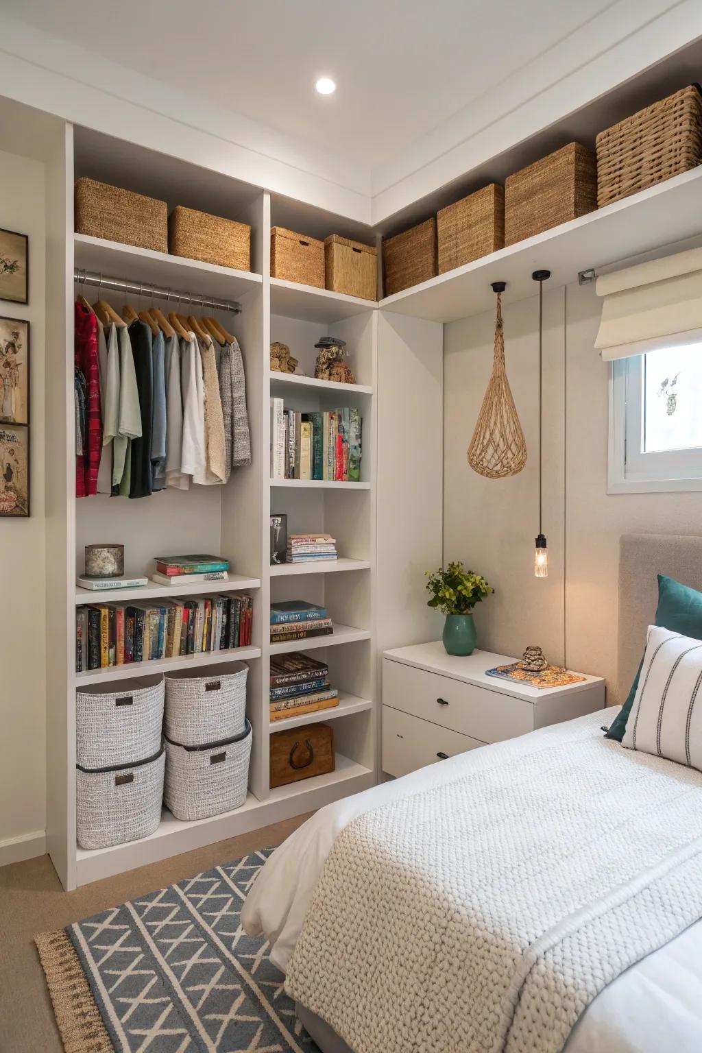 Vertical storage helps optimize small spaces.
