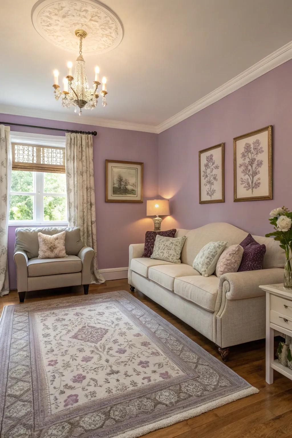 A small living room using lavender walls to make a charming touch.