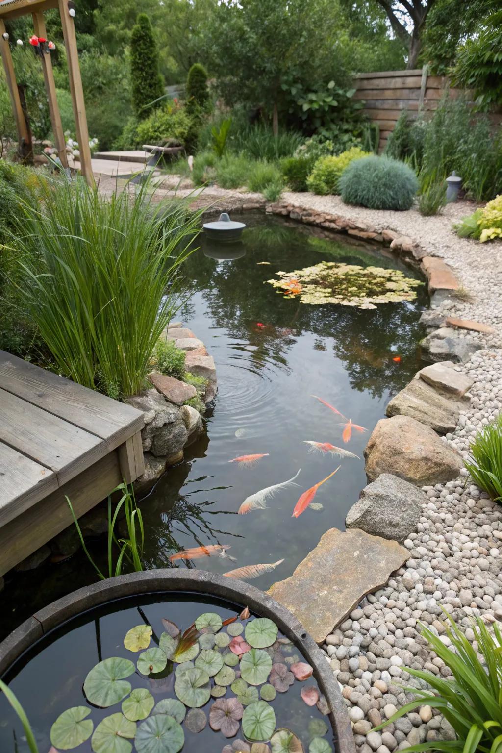 An eco-friendly marsh filter keeps this koi haven crystal clear.