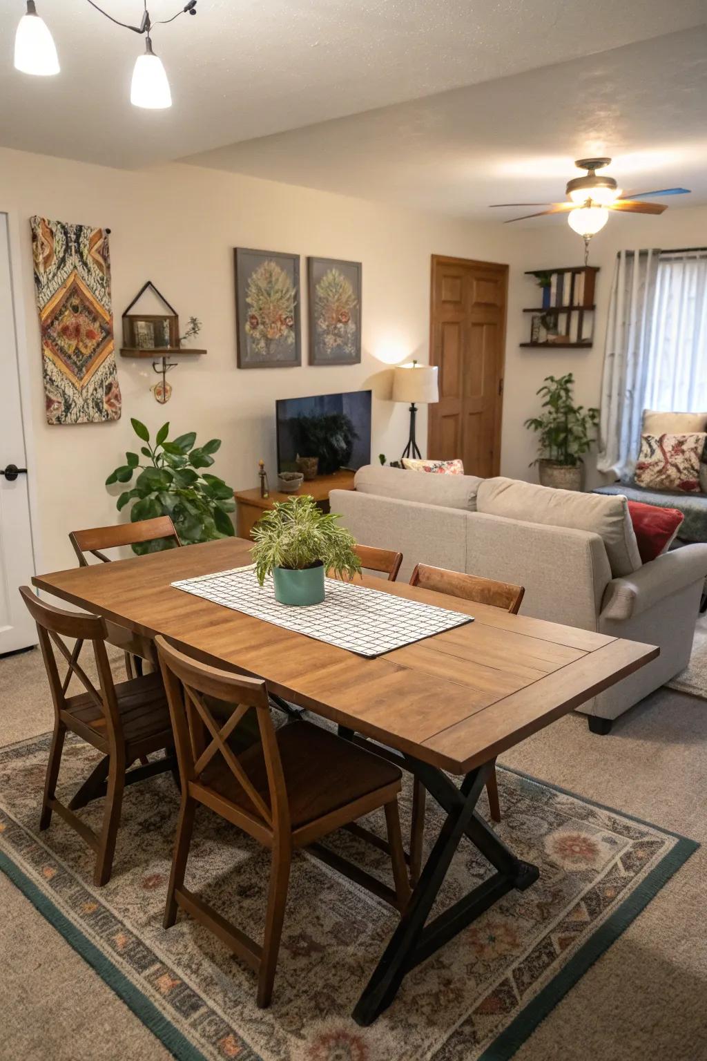 Extendable table offering versatility in small spaces.