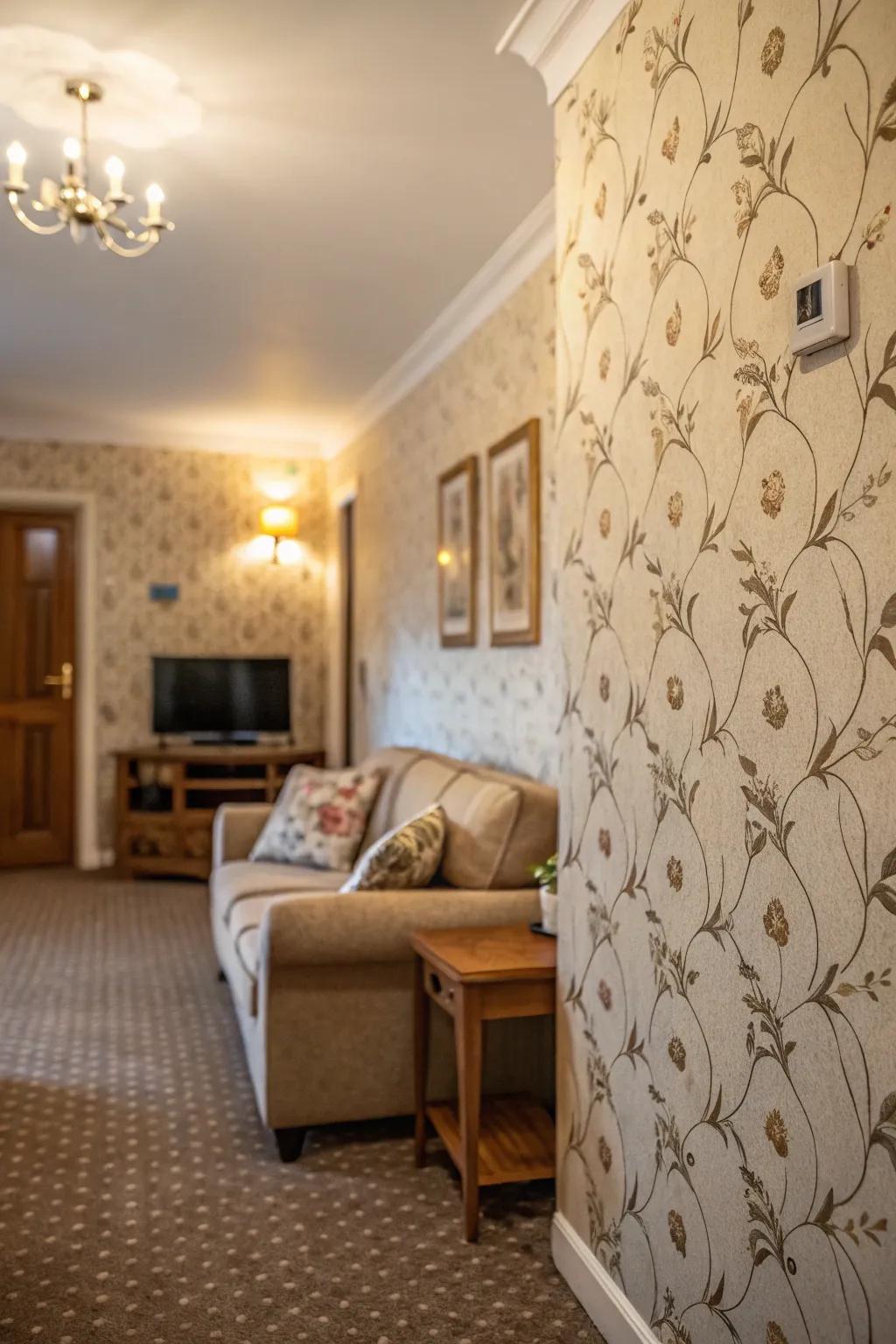Textured wallpapers contribute dimension.