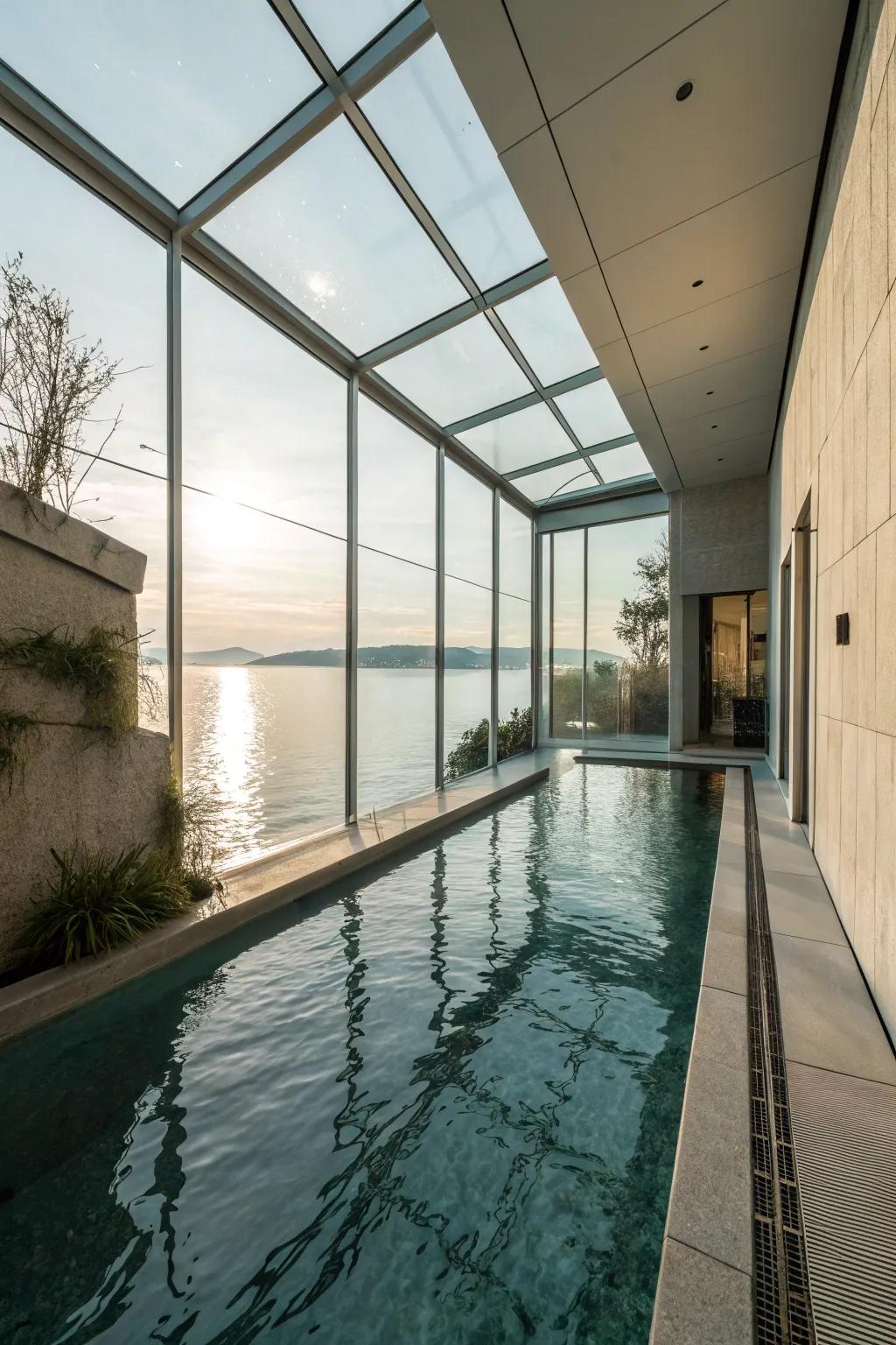 Glass walls offering a unique poolside perspective.