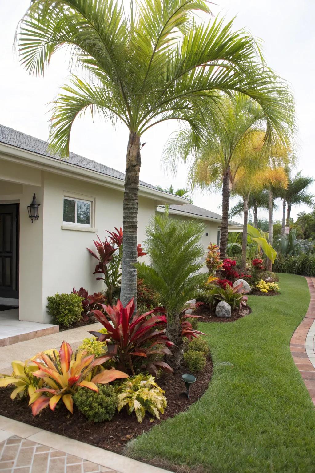 Colorful plants enhance the visual appeal of palm tree gardens.